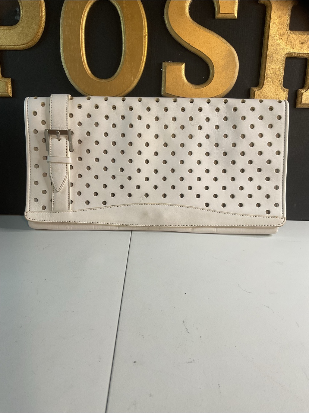 Via Spiga White Perforated Fold-Over Clutch With Buckle Accent